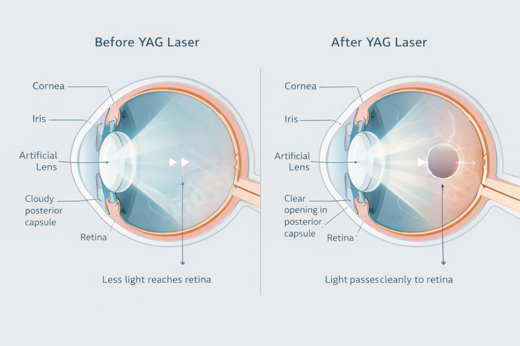 Eye before and after YAG laser